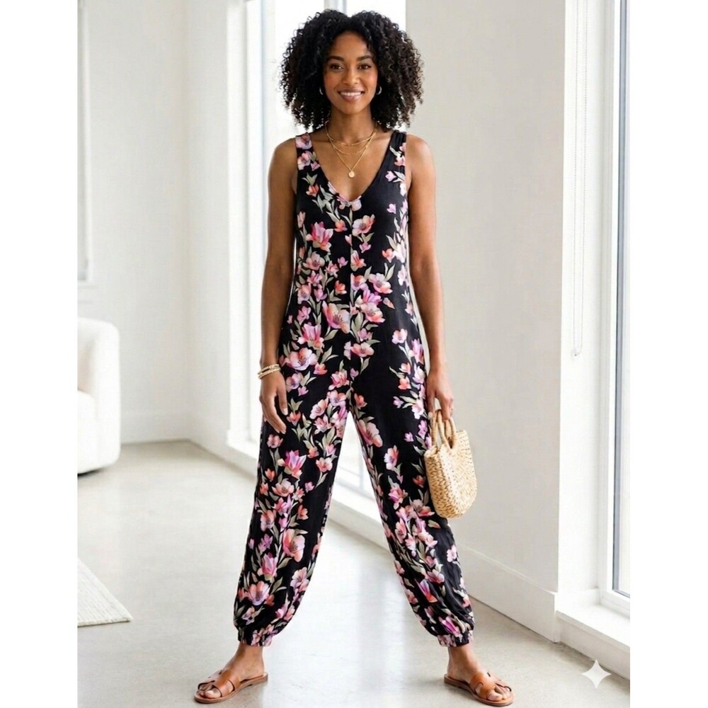 Free People Black Jumpsuit
with Pink Floral Print